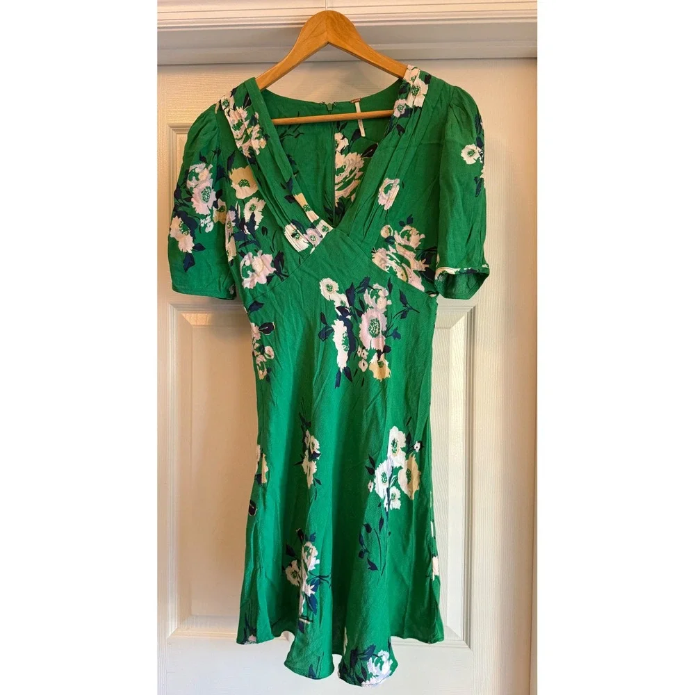 Free People Mini Dress Women 4 Green Floral V-Neck Puff Sleeve Fit & Flare